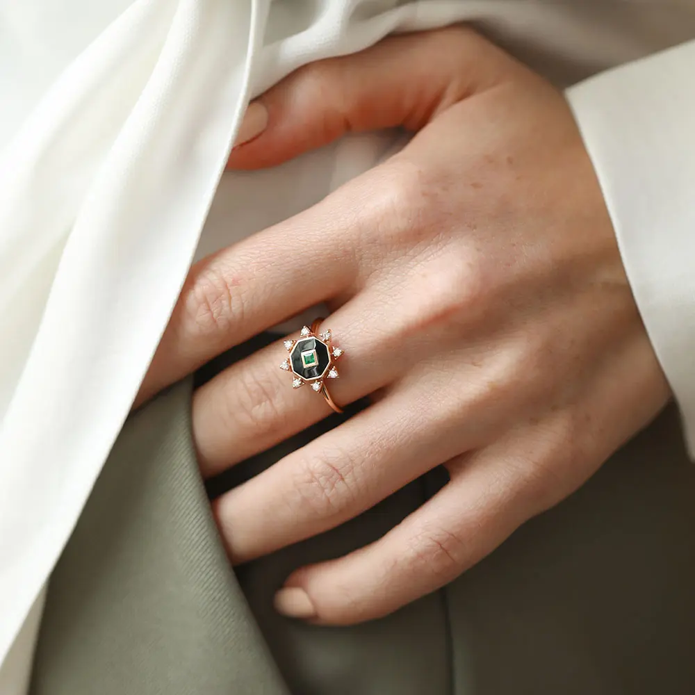 Bellatrix Emerald and Diamond Black Enamel Ring - 4