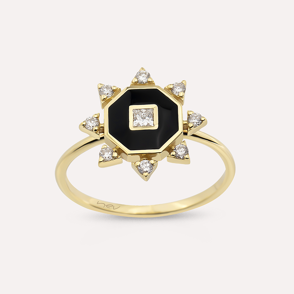 Bellatrix Pırlanta Taşlı ve Siyah Mineli Sarı Altın Yüzük - Nev Jewellery (1)
