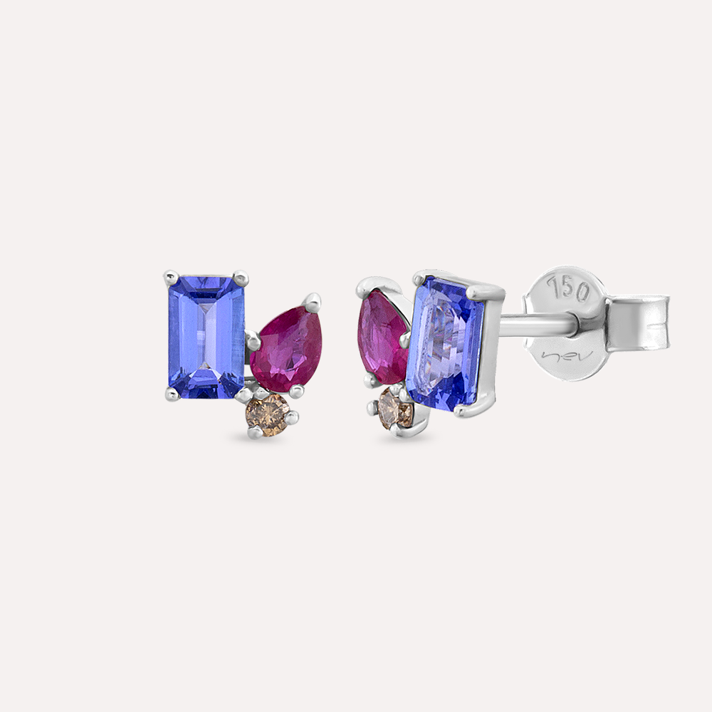 Beri 1.06 CT Tanzanite, Ruby and Brown Diamond White Gold Earring - 1