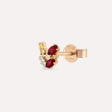 Berry Red Safir ve Baget Pırlanta Taşlı Rose Altın Tek Küpe - Nev Jewellery