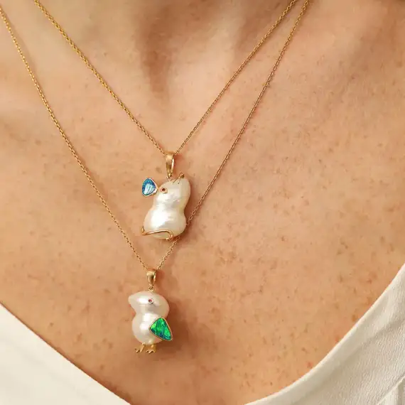 Bird Natural Pearl and Opal Yellow Gold Necklace - 3