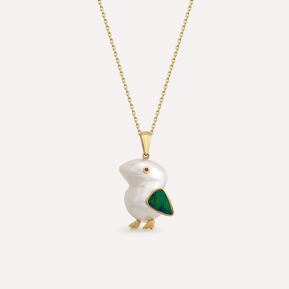 Bird Natural Pearl and Opal Yellow Gold Necklace - 1