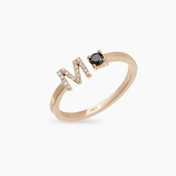 Black Diamond Rose Gold M Letter Ring - 3