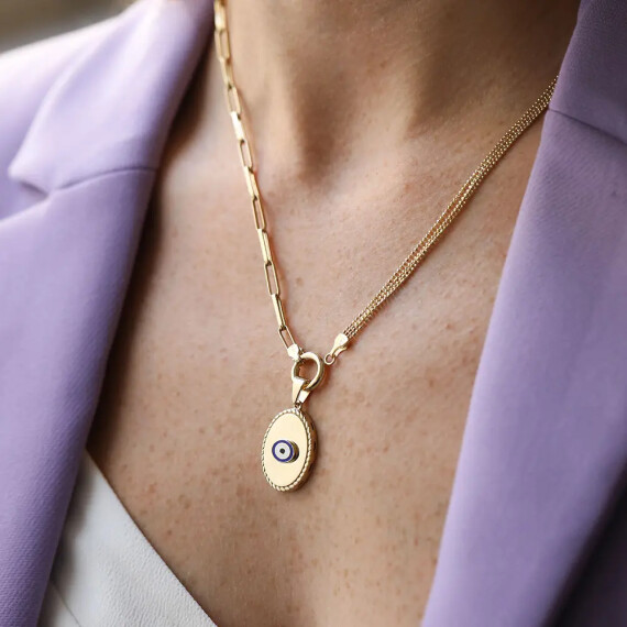 Blink Çift Zincir Detaylı Sarı Altın Nazar Kolye - Nev Jewellery