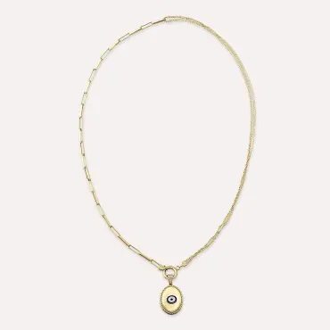 Blink Çift Zincir Detaylı Sarı Altın Nazar Kolye - Nev Jewellery (1)