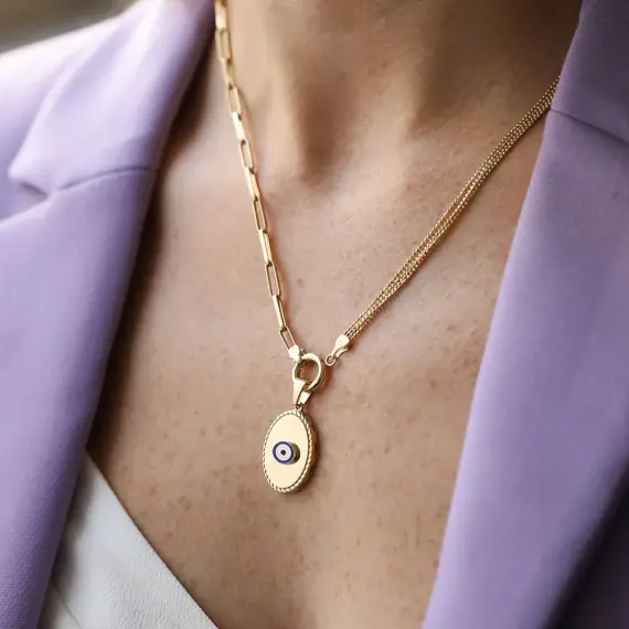 Blink Double Chain Detailed Yellow Gold Evil Eye Necklace - 1