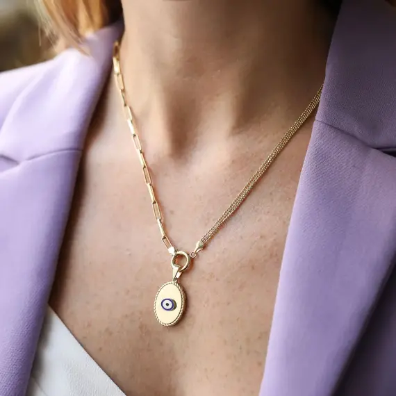 Blink Double Chain Detailed Yellow Gold Evil Eye Necklace - 4