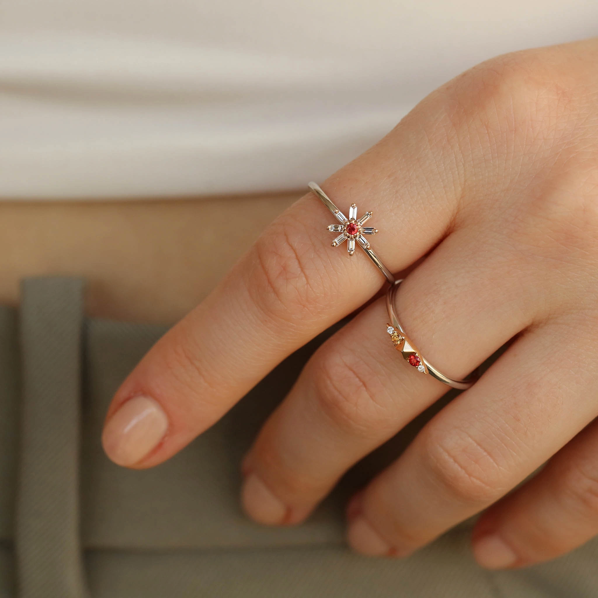 Blossom 0.19 CT Red Sapphire and Baguette Cut Diamond Ring - Nev Jewellery (1)