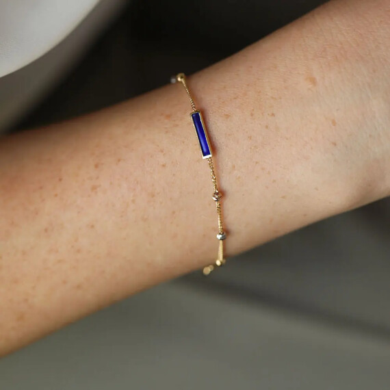 Blue and Pearl Enamel Dorica Detailed Yellow Gold Bracelet - Nev Jewellery