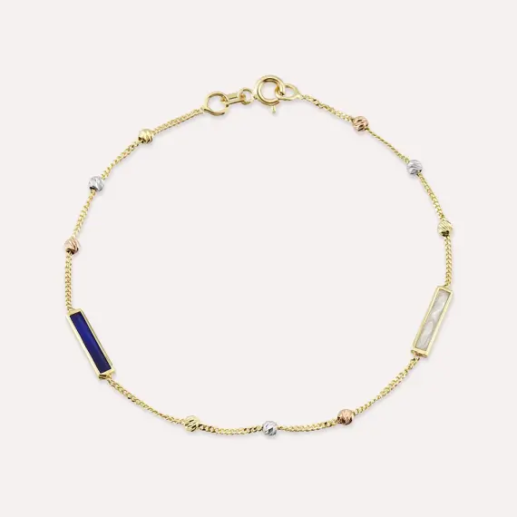 Blue and Pearl Enamel Dorica Detailed Yellow Gold Bracelet - 2
