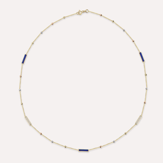 Blue and Pearl Enamel Dorica Detailed Yellow Gold Necklace - Nev Jewellery