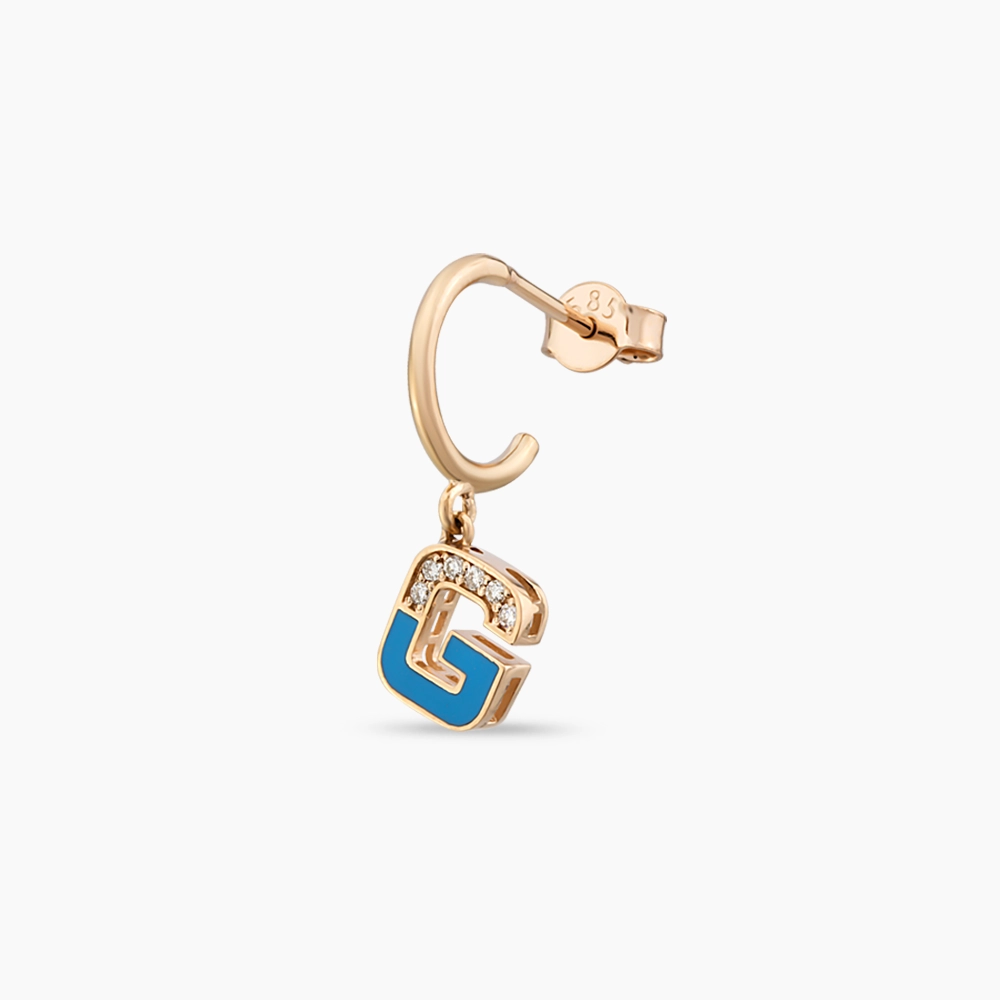 Blue Enamel and Diamond G Letter Single Dangling Earring - 1