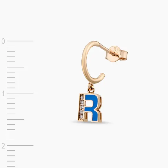 Blue Enamel and Diamond R Letter Single Dangling Earring - 2
