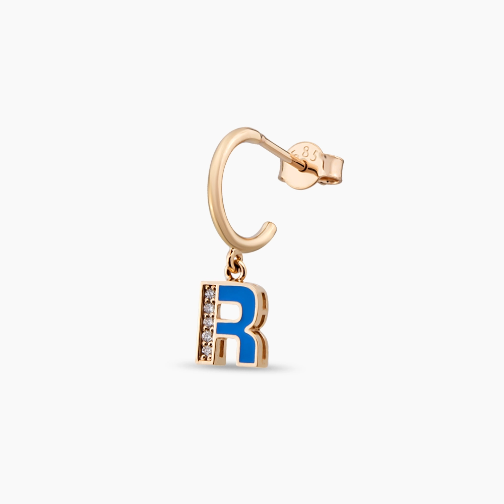 Blue Enamel and Diamond R Letter Single Dangling Earring - 1