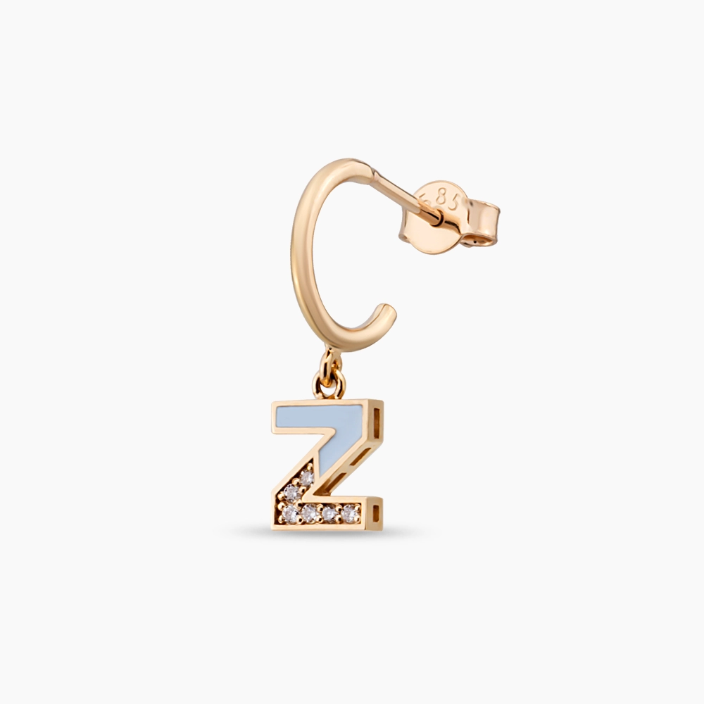 Blue Enamel and Diamond Z Letter Single Dangling Earring - 1