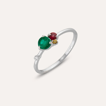 Bonbon Zümrüt, Safir ve Pırlanta Taşlı Beyaz Altın Yüzük - Nev Jewellery