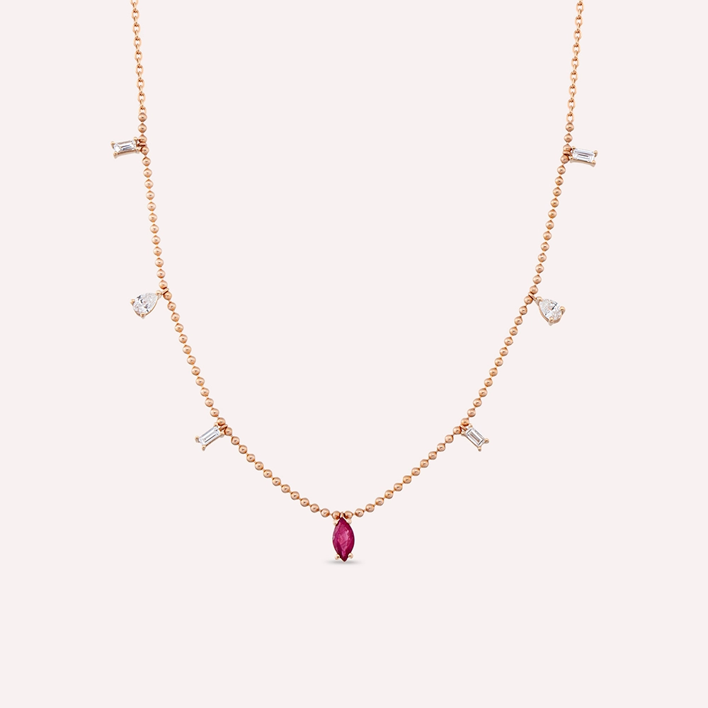 Bruna 0.61 CT Yakut ve Pırlanta Taşlı Rose Altın Kolye - Nev Jewellery (1)