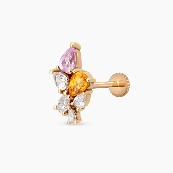 Bunch 0.36 CT Multicolor Safir ve Pırlanta Taşlı Rose Altın Piercing - 1