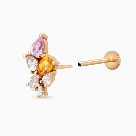 Bunch 0.36 CT Multicolor Safir ve Pırlanta Taşlı Rose Altın Piercing - 3