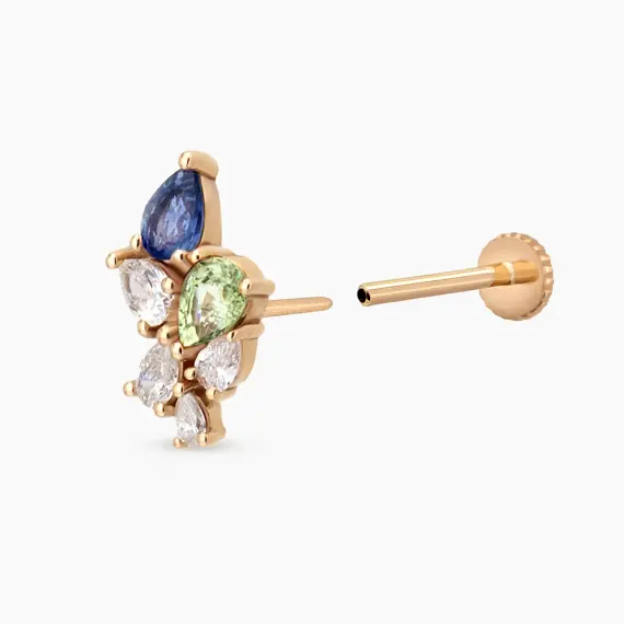 Bunch 0.52 CT Multicolor Safir ve Pırlanta Taşlı Rose Altın Piercing - 3
