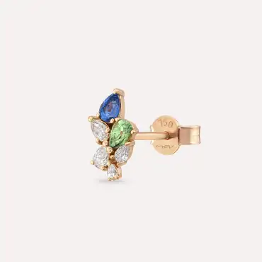 Bunch 0.54 CT Pırlanta ve Multicolor Safir Taşlı Rose Altın Tek Küpe - Nev Jewellery (1)