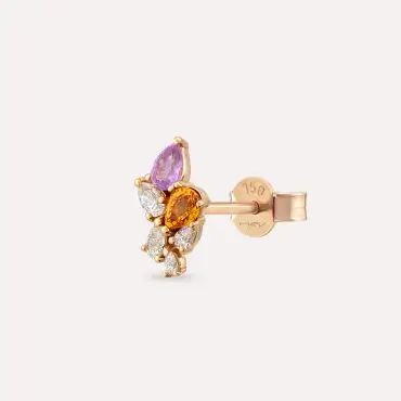 Bunch 0.58 CT Pırlanta ve Multicolor Safir Taşlı Rose Altın Tek Küpe - Nev Jewellery (1)