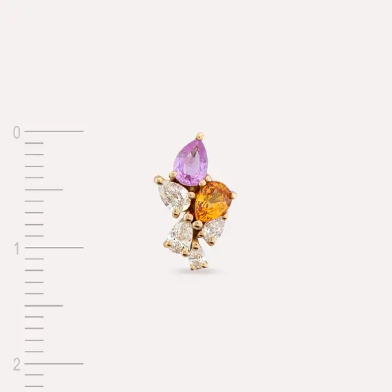 Bunch 0.58 CT Pırlanta ve Multicolor Safir Taşlı Rose Altın Tek Küpe - 4