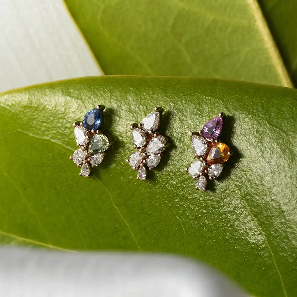 Bunch 0.58 CT Pırlanta ve Multicolor Safir Taşlı Rose Altın Tek Küpe - 3