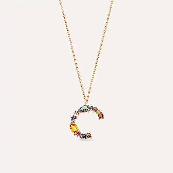 C Harf 0.73 CT Brown Pırlanta ve Multicolor Safir Taşlı Kolye - 1