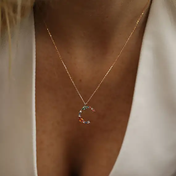 C Harf 0.73 CT Brown Pırlanta ve Multicolor Safir Taşlı Kolye - 2