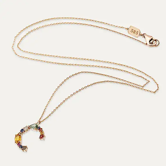 C Harf 0.73 CT Brown Pırlanta ve Multicolor Safir Taşlı Kolye - 3