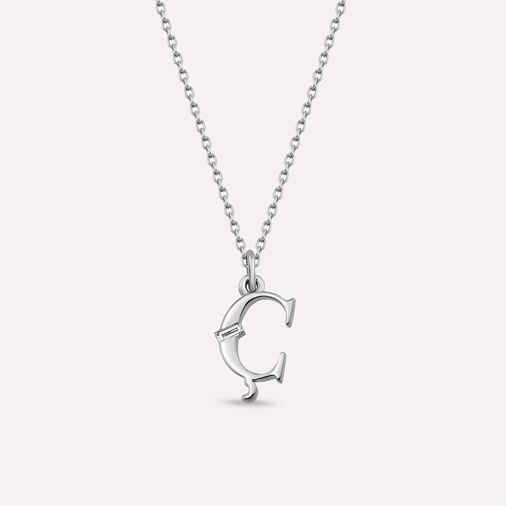 Ç Harf Baget Pırlanta Taşlı Beyaz Altın Kolye - Nev Jewellery (1)