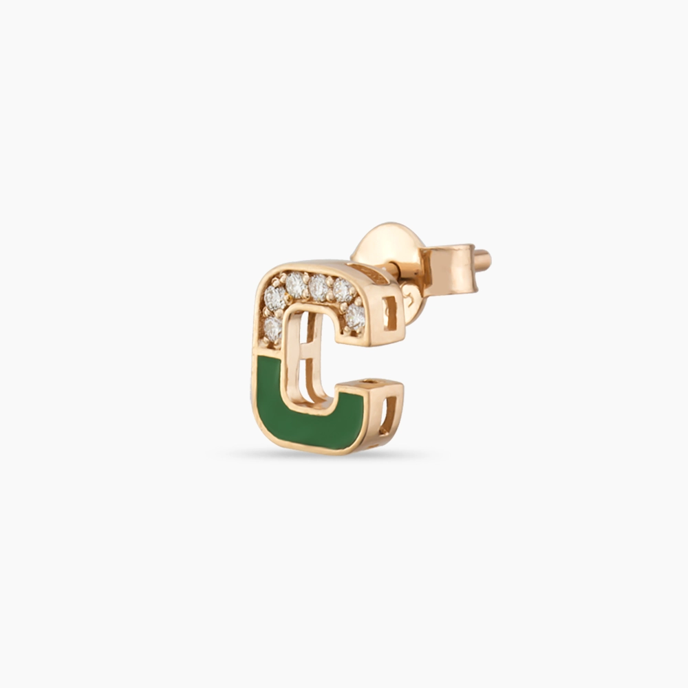 C Harf Yeşil Mineli ve Pırlanta Taşlı Tek Küpe - Nev Jewellery (1)