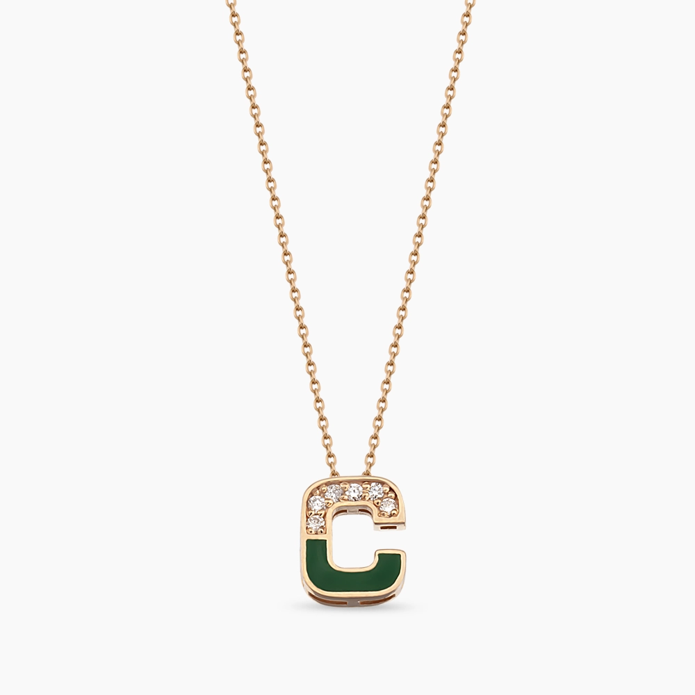 C Harfi Pırlanta Taşlı ve Yeşil Mineli Rose Altın Kolye - Nev Jewellery (1)