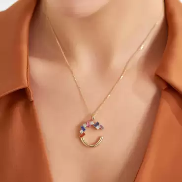C Letter 1.80 CT Multicolor Sapphire and Diamond Yellow Gold Necklace - Nev Jewellery (1)