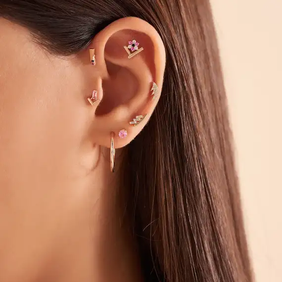 Camelia Pırlanta ve Multicolor Safir Taşlı Rose Altın Piercing - 2