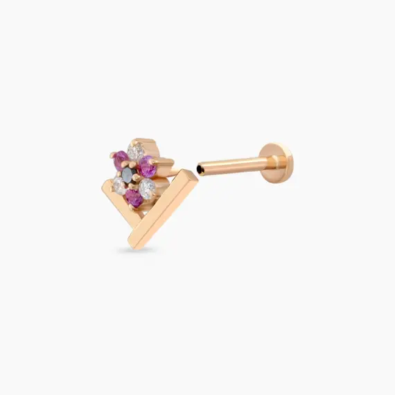 Camelia Pırlanta ve Multicolor Safir Taşlı Rose Altın Piercing - 4
