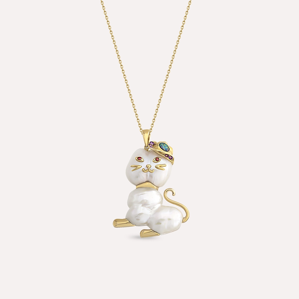 Cat Natural Pearl, Opal and Amethyst Yellow Gold Necklace - 1