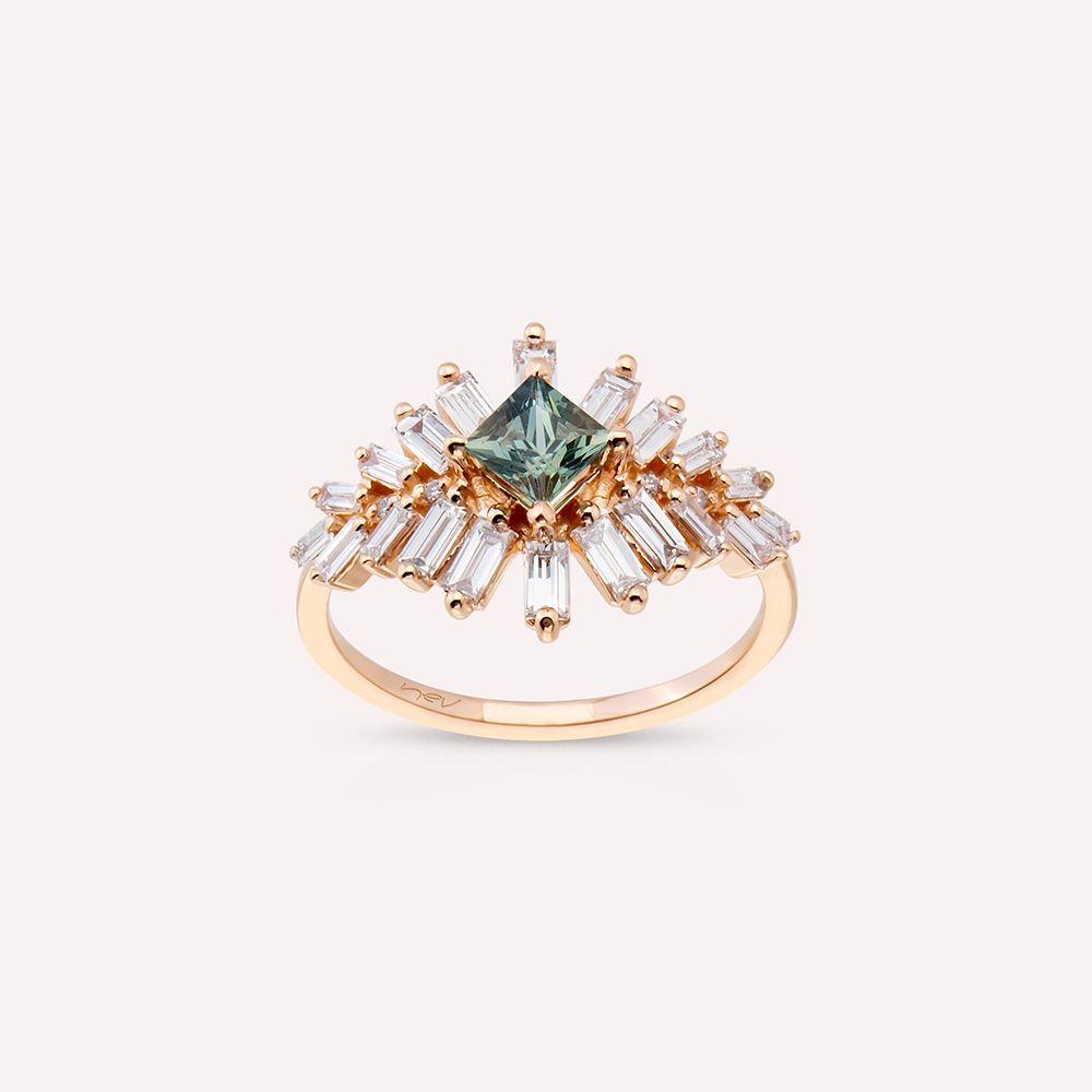 Chic 1.32 CT Green Safir ve Baget Pırlanta Taşlı Rose Altın Yüzük - Nev Jewellery (1)