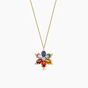 Clematis 1.28 CT Multicolor Safir ve Pırlanta Taşlı Sarı Altın Kolye - Nev Jewellery (1)