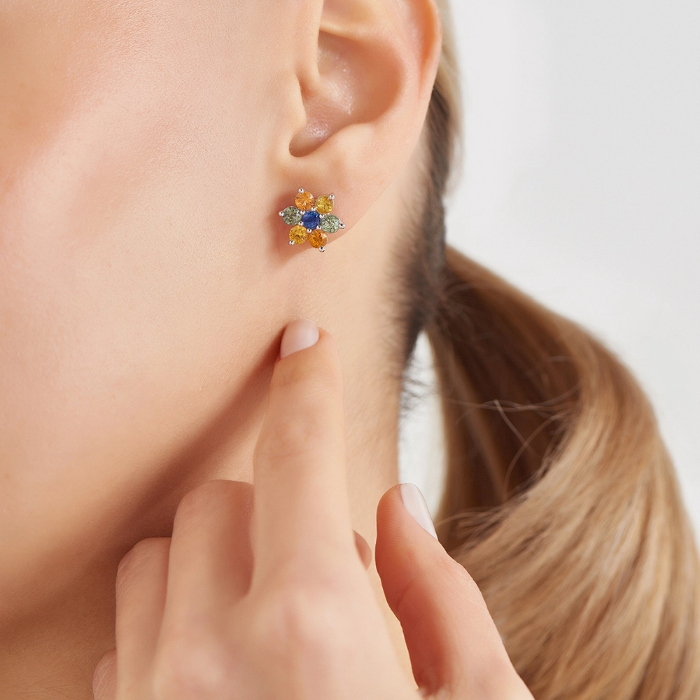 Tutty 3.54 CT Multicolor Safir Taşlı Beyaz Altın Küpe - Nev Jewellery (1)