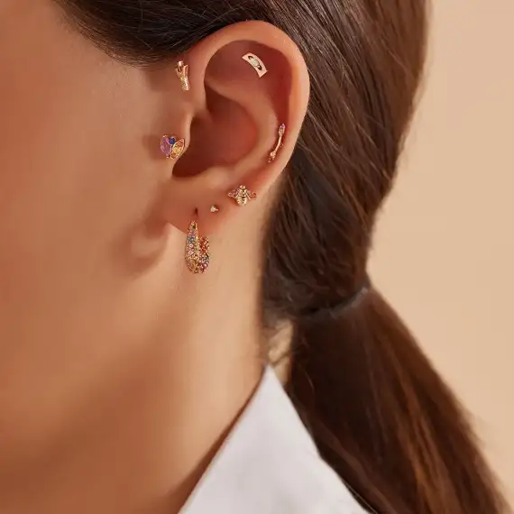 Curve Markiz Kesim Pırlanta Taşlı Rose Altın Piercing - 2