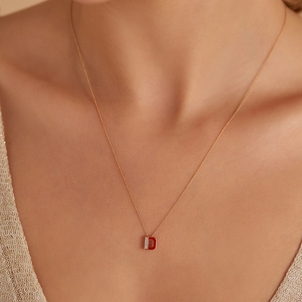 D Letter Diamond and Burgundy Enamel Rose Gold Pendant - Nev Jewellery (1)