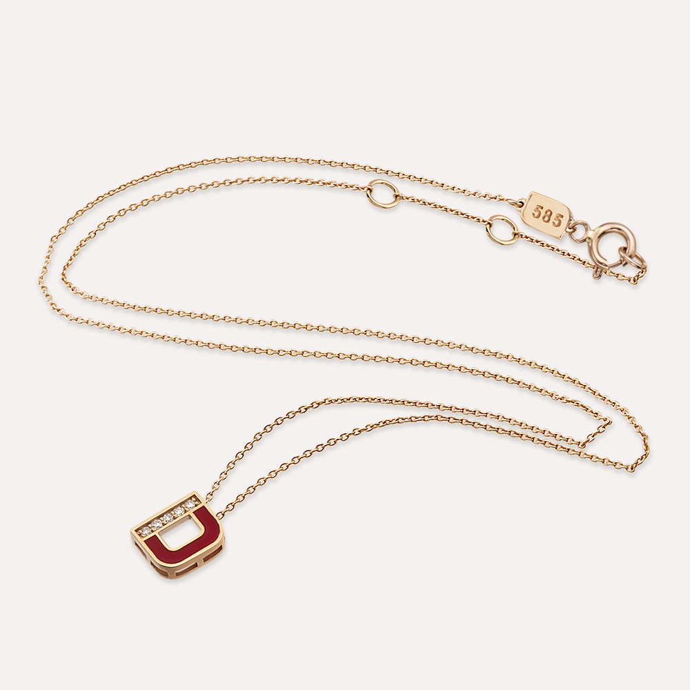 D Letter Diamond and Burgundy Enamel Rose Gold Pendant - 4