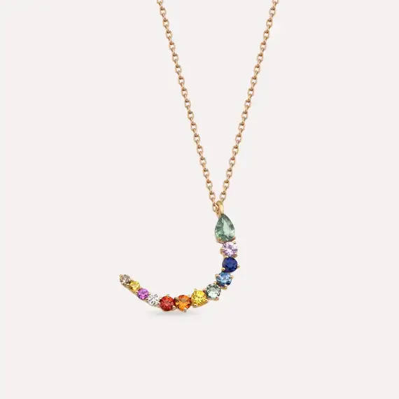 ر Re Letter 0.48 Diamond and Multicolor Sapphire Rose Gold Necklace - 1