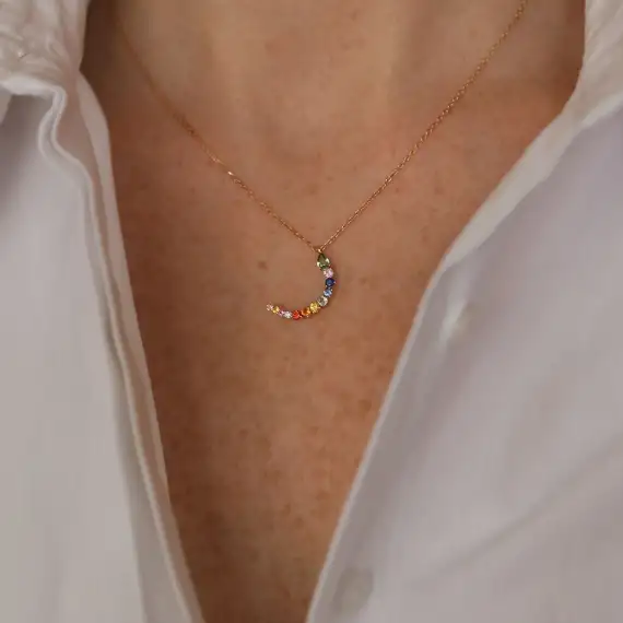 ر Re Letter 0.48 Diamond and Multicolor Sapphire Rose Gold Necklace - 2