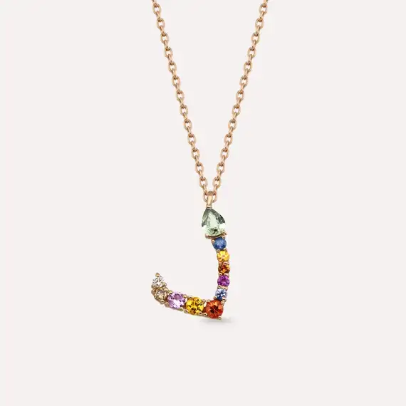 ﺩ‎ Dal Letter 0.71 CT Diamond and Multicolor Sapphire Rose Gold Necklace - 1