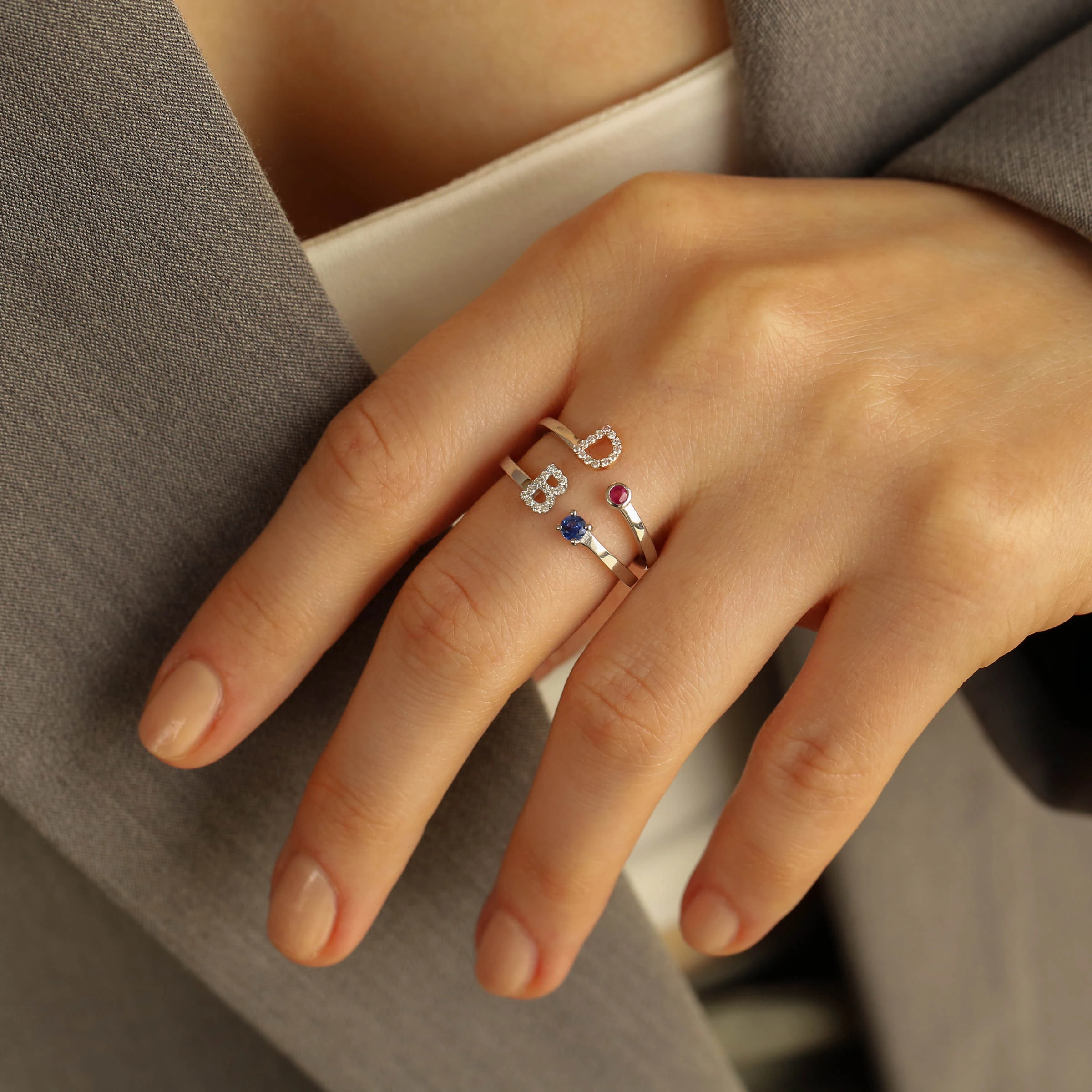 Diamond and Blue Sapphire White Gold B Letter Ring - 3