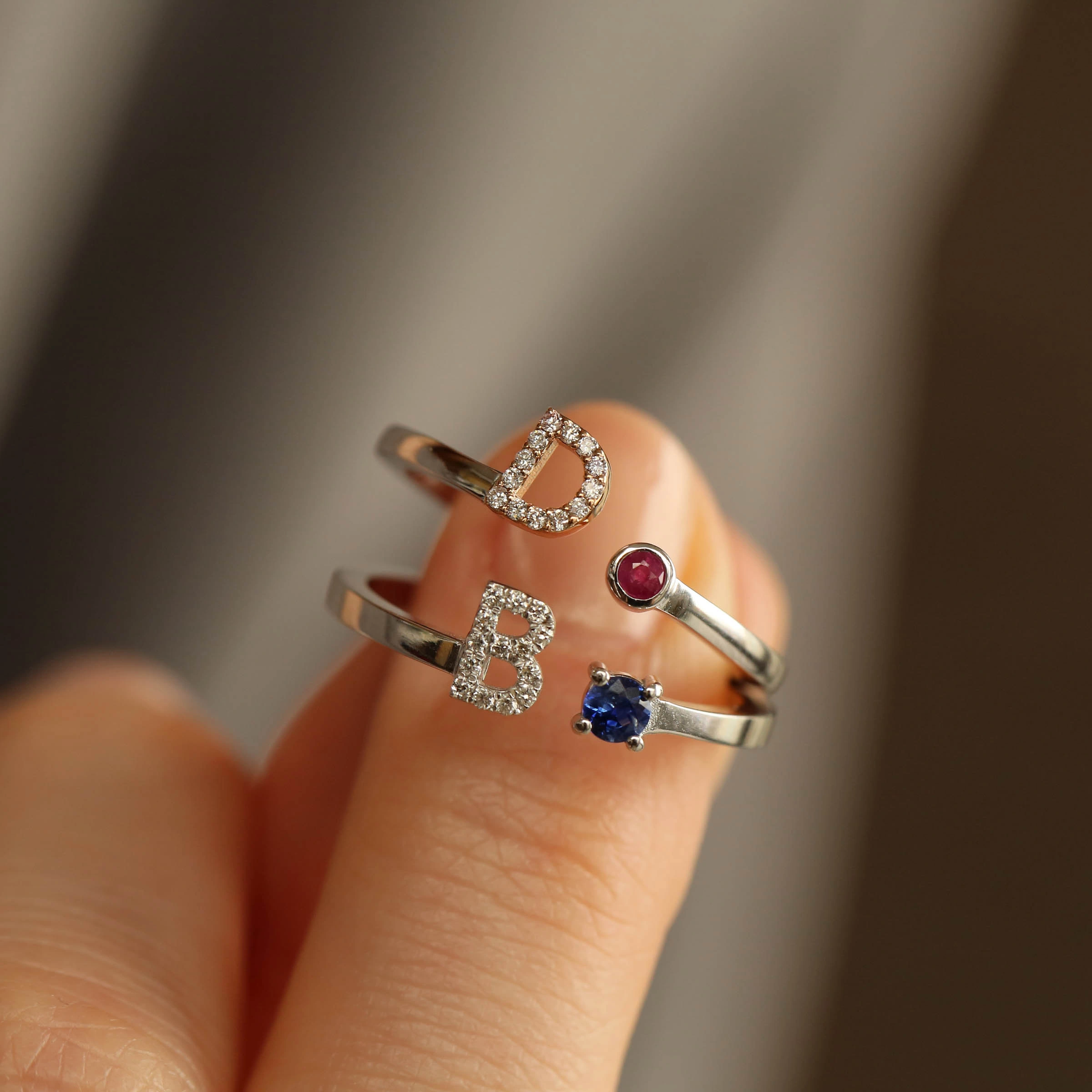 Diamond and Blue Sapphire White Gold B Letter Ring - Nev Jewellery (1)