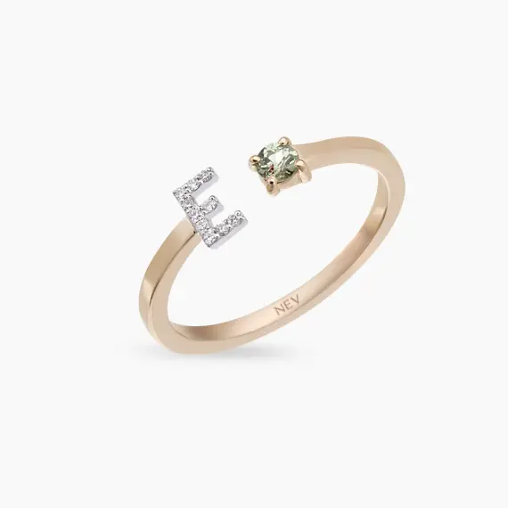 Diamond and Green Sapphire Rose Gold E Letter Ring - 3